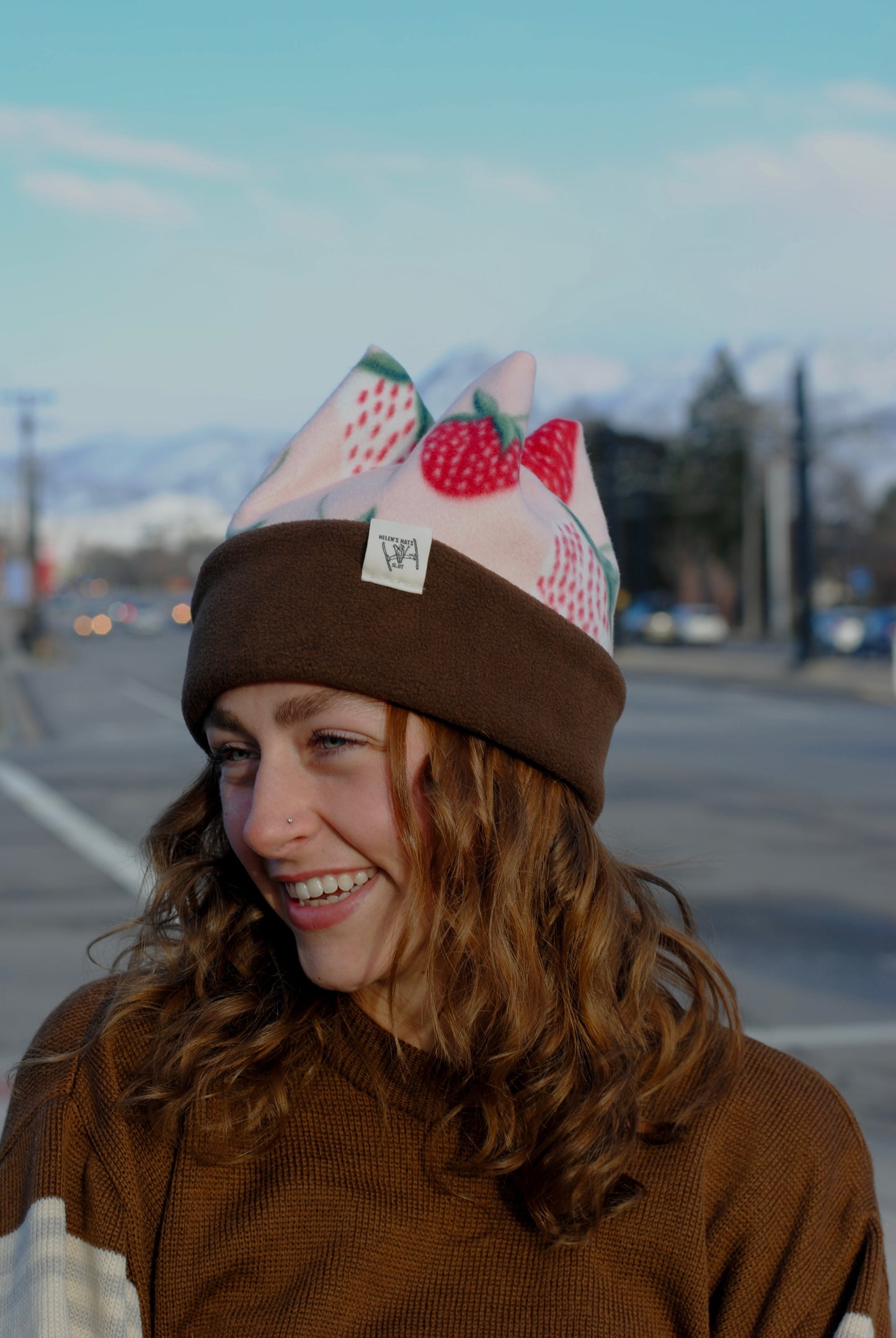 Brown and Strawberry Hat- size small